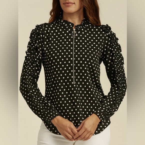 Greysn Tops - Greysn Black and White Polka Dot Ruffle Sleeve Zip Up Cotton Blouse Size Medium